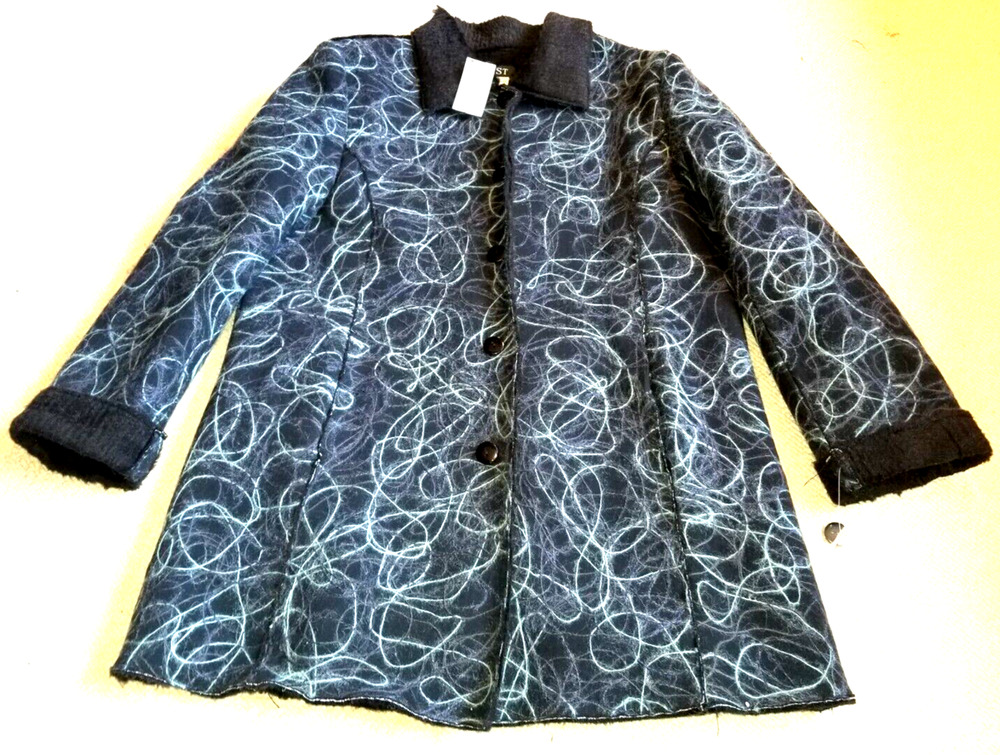 VINTAGE NWT $250 Womens Coat-MIST-black/blue embroidered/textured Artsy BOHO-XL